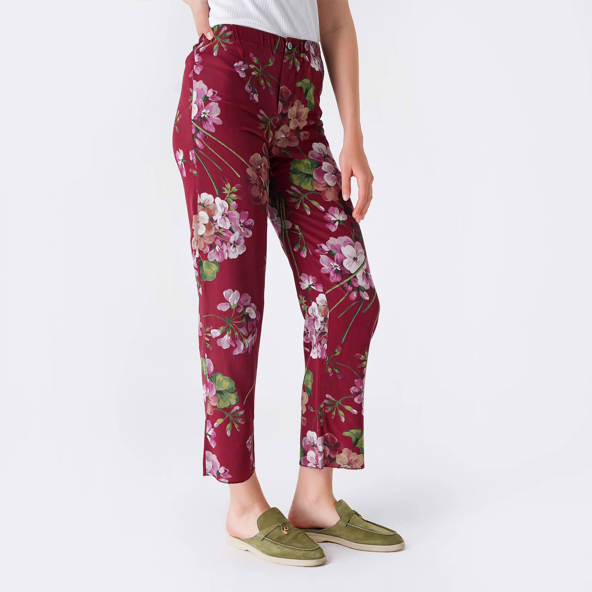 Gucci - Burgundy Floral Print Silk Pants